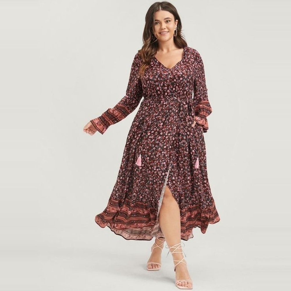 BloomChic 26 (4X) Long-Sleeve Boho Maxi Floral Dress with Slit and Pockets